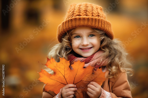 Adorable happy little girl holding maple leaves in autumn park