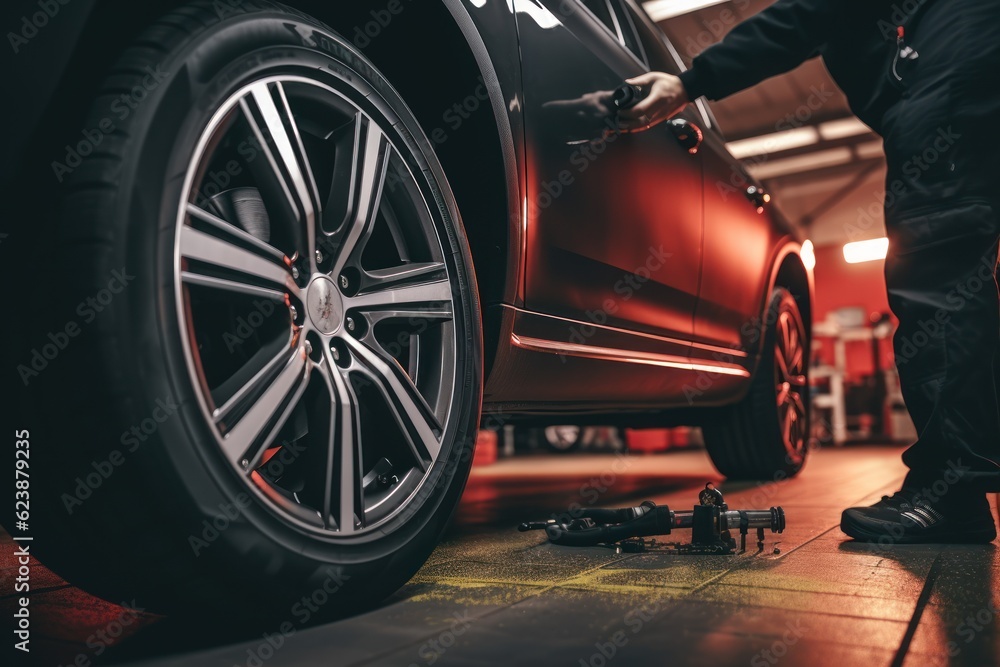 A mechanic stands next to a raised car and checks the tire pressure using a pressure gauge. AI generated