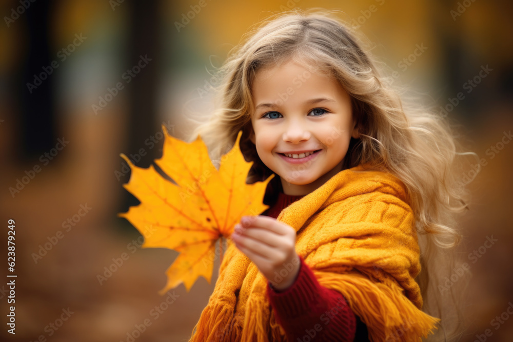 Adorable happy little girl holding maple leaves in autumn park Adorable happy little girl holding maple leaves in autumn park