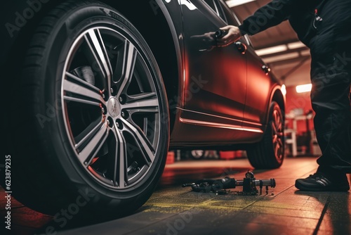 A mechanic stands next to a raised car and checks the tire pressure using a pressure gauge. AI generated © yuliachupina
