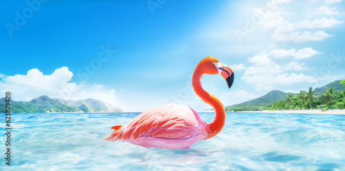 Flamingo inflatable toy riding the waves of the sea. Family vacation on coast. Summer colorful background. Generative Ai content.