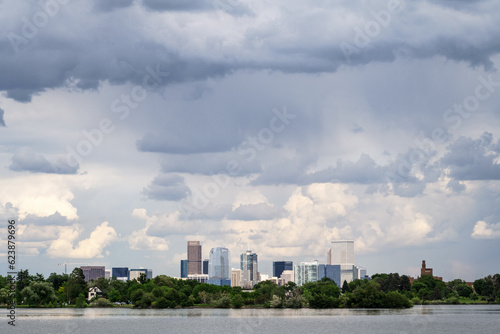 Denver skyline with water and clouds
