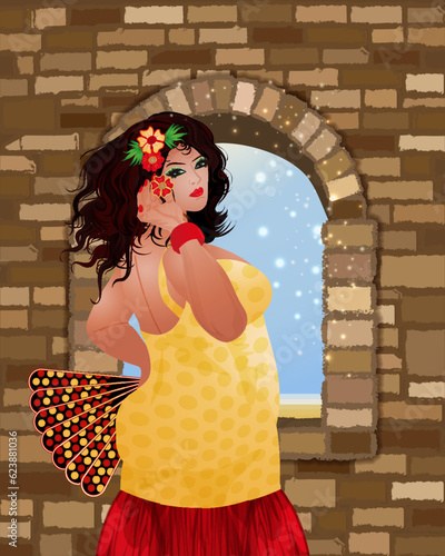 Flamenco dance Spanish fat woman, vector illustration