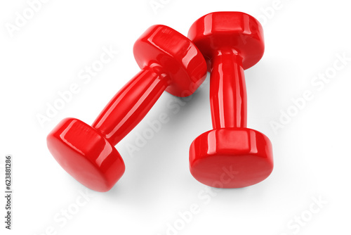 Two red dumbbells with a shadow on a transparent background. View from above.