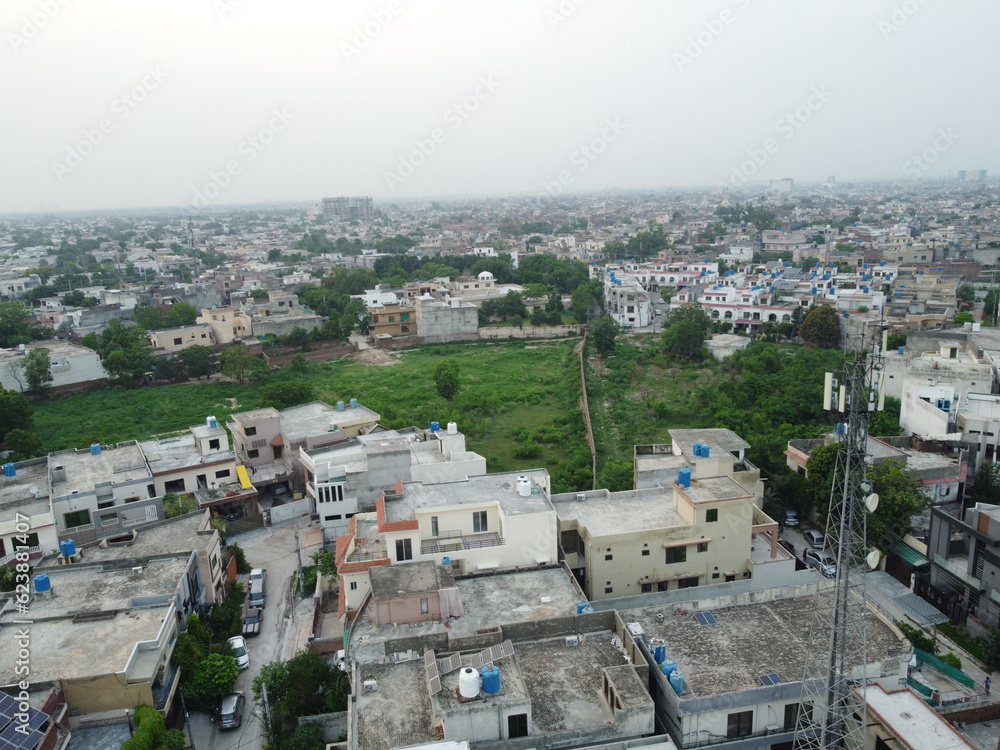 Non edited original high angle view of residential area with drone of cantt Lahore, Pakistan.