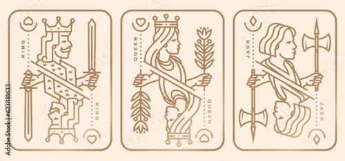 Set of playing card king, queen, jack. Vector illustration. Esoteric, magic Royal playing card king, queen, jack design collection. Line art minimalist style