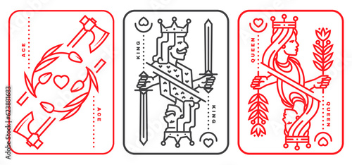 Set of playing card king, queen, ace. Vector illustration. Esoteric, magic Royal playing card king, queen, ace design collection. Line art minimalist style
