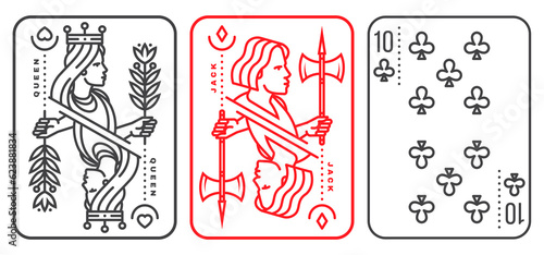 Set of playing card 10, queen, jack. Vector illustration. Esoteric, magic Royal playing card 10, queen, jack design collection. Line art minimalist style