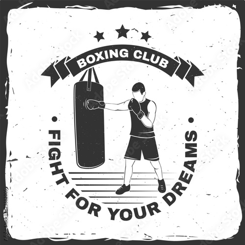 Boxing club badge, logo design. Vector illustration. For Boxing sport club emblem, sign, patch, shirt, template. Vintage monochrome label, sticker with Boxer Silhouette.