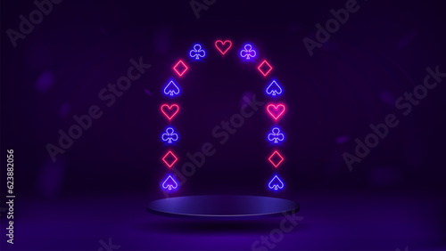 A unique podium with bright neon suits of cards. A casino and poker platform with a shiny frame on a dark blue and purple background.