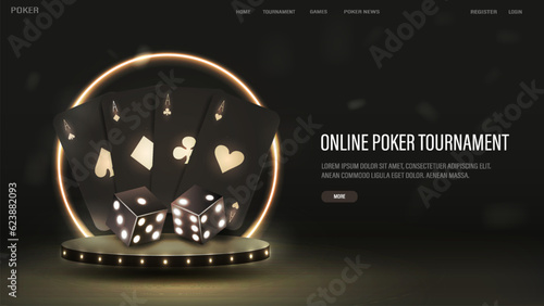 A web banner with black and gold cards and dice on a podium with a neon frame. A concept for casino and poker on a dark background with text.