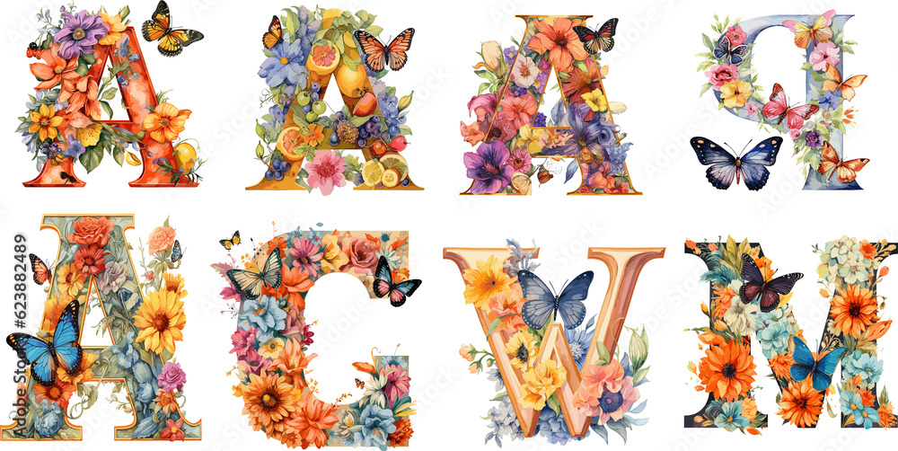 Floral alphabet, letters set with watercolor leaf. Greeting card, poster and other design. Holiday design hand painting