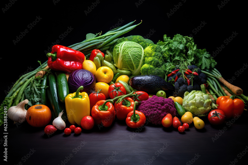 Variety of healthy fruits and vegetables. AI generated