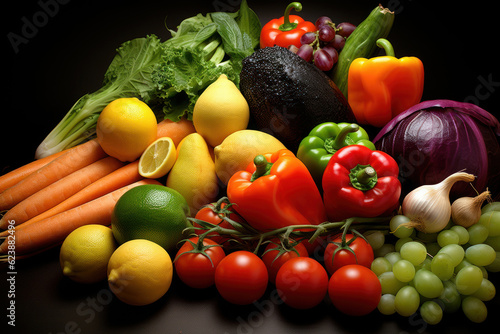 Variety of healthy fruits and vegetables. AI generated © yuliachupina