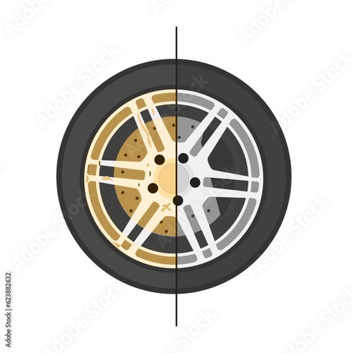 Car wheel cleaning, rim cleaning. Before and after. Clean and dirty.