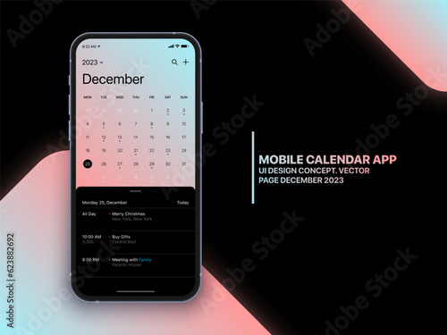 Mobile App Calendar December 2023 Page with To Do List and Tasks Vector UI UX Design Concept on Isolated Photo Realistic Smart Phone Screen Mockup. Smartphone Business Planner Application Template