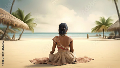 East asian woman on the beach with copy space