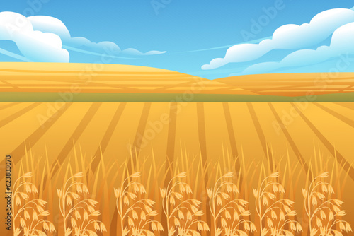 Rural landscape with wheat fields and green hills with blue clear sky on background vector illustration