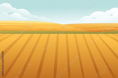 Rural landscape with wheat fields and green hills with blue clear sky on background vector illustration
