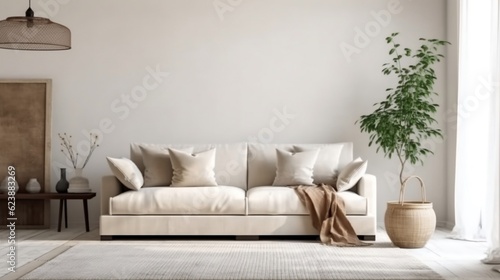 The rustic interior design of the modern living room with beige fabric sofa and cushions generative ai © tanjidvect