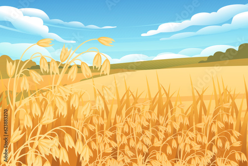 Rural landscape with wheat fields and green hills with blue clear sky on background vector illustration