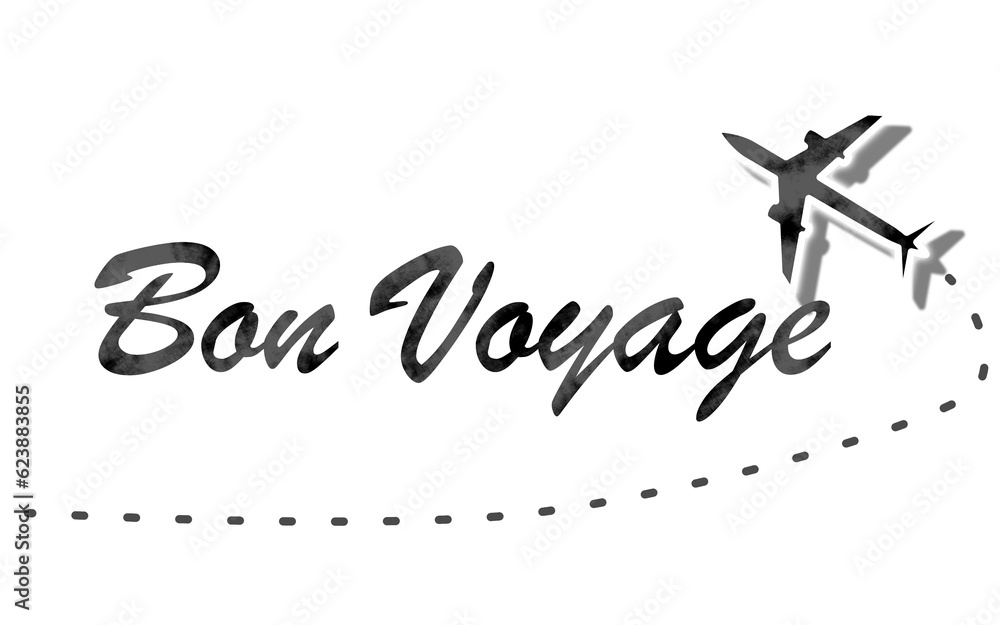 Bon Voyage text with black airplane. Lettering bon voyage word. - obrazy, fototapety, plakaty 