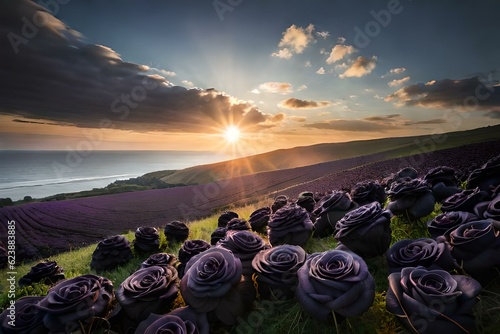 black rose and field of black roses generated by ai