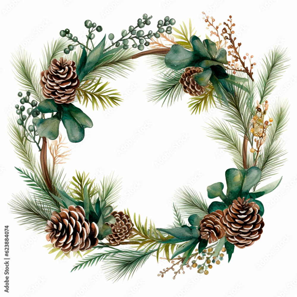 Fototapeta premium Christmas botanical wreathe floral border watercolor isolated illustration. AI generative