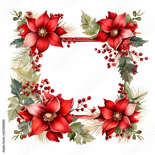 Christmas botanical wreathe floral border watercolor isolated illustration. AI generative