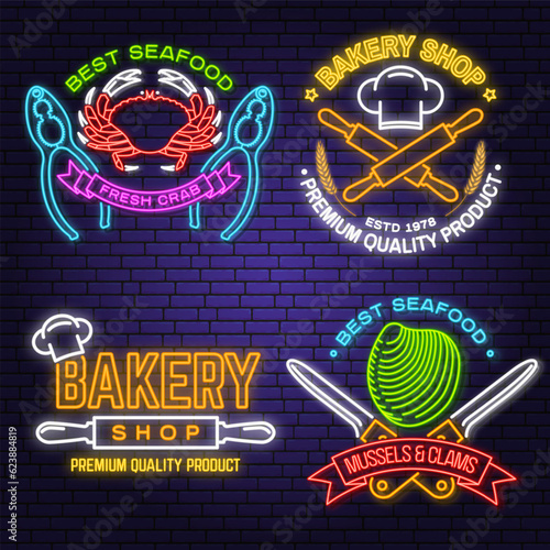 Set of Bakery and seafood badges. Vector. For emblem, sign, patch, shirt, menu restaurants with rolling pin, wheat ears, crab, mussels and clams. Neon sign bright signboard light with wheat ears, crab