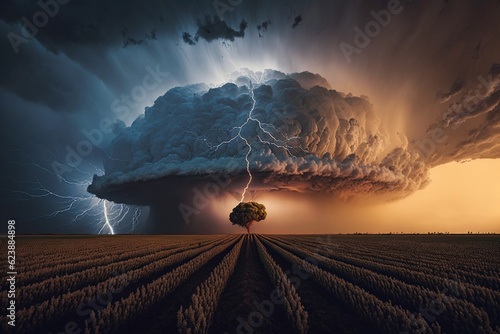 Obraz na plátně Amazing thunderstorm supercell cloud with lightning bolts flashing over horizon