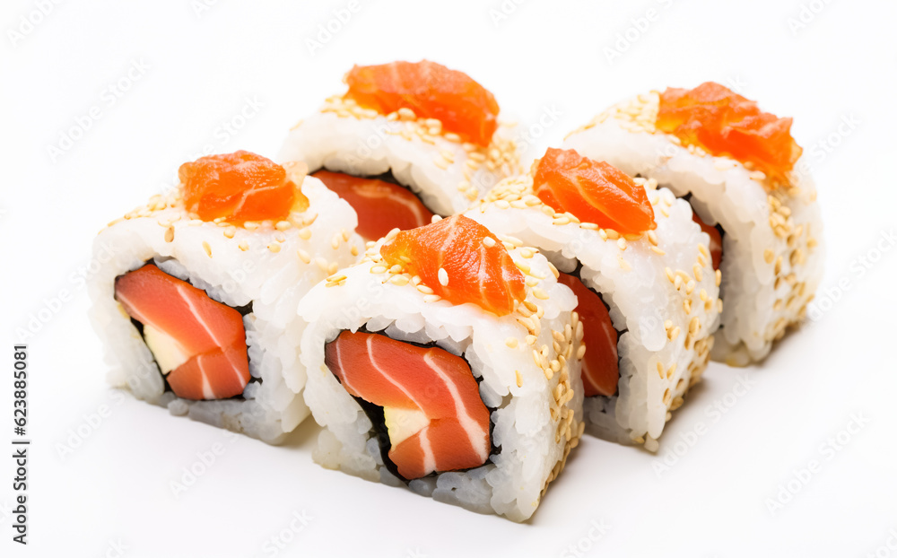 A set of fresh sushi rolls with salmon, avocado and black sesame seeds. Japanese sushi uramaki or California roll on white background A set of fresh sushi rolls with salmon, avocado and black sesame seeds. Japanese sushi uramaki or California roll on white background