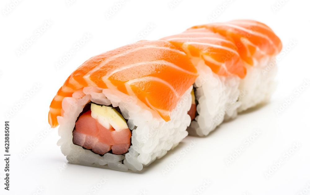 A set of fresh sushi rolls with salmon, avocado. Japanese sushi on white background A set of fresh sushi rolls with salmon, avocado. Japanese sushi on white background