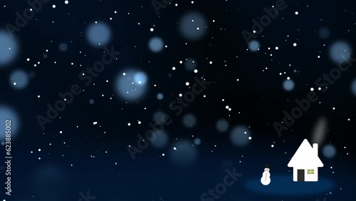 Snowy Christmas background with happy snowman waving in snowflakes snowfall snow particles and copy space happy Christmas eve with white house in snow and festive background for Christmas celebration