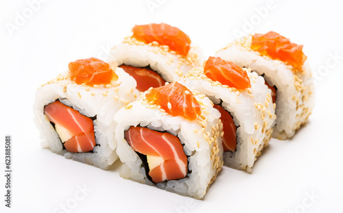 A set of fresh sushi rolls with salmon, avocado and black sesame seeds. Japanese sushi uramaki or California roll on white background