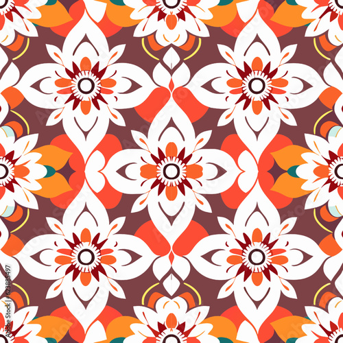 Seamless pattern with mandalas in red and orange colors.