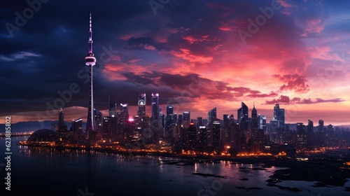 A city skyline with a group of illuminated skyscrapers at night.