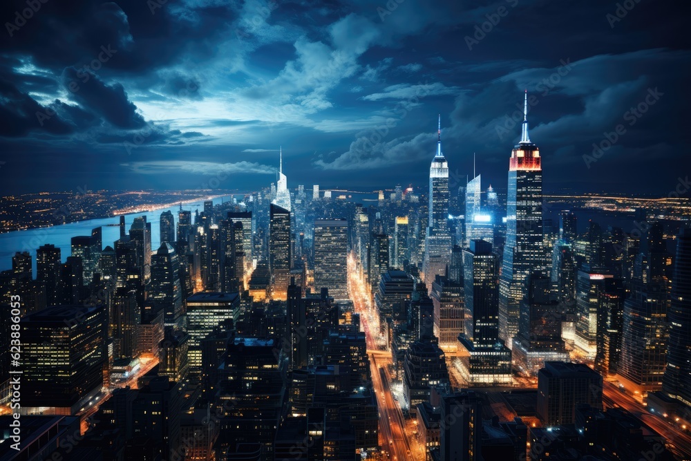 Fototapeta premium A city skyline with a group of illuminated skyscrapers at night.