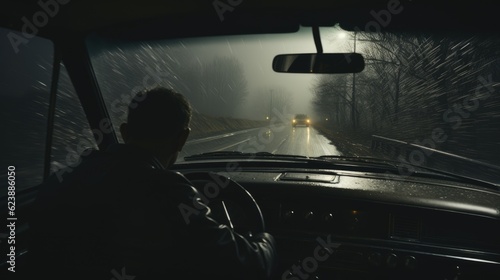 A car speeding down a foggy highway under the dim glow of its headlights. Generative AI