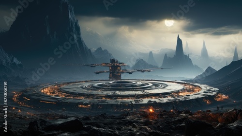 A wide shot of a spaceship landing on a planet. The spaceship is large and imposing  and it looks like it could be from another world.