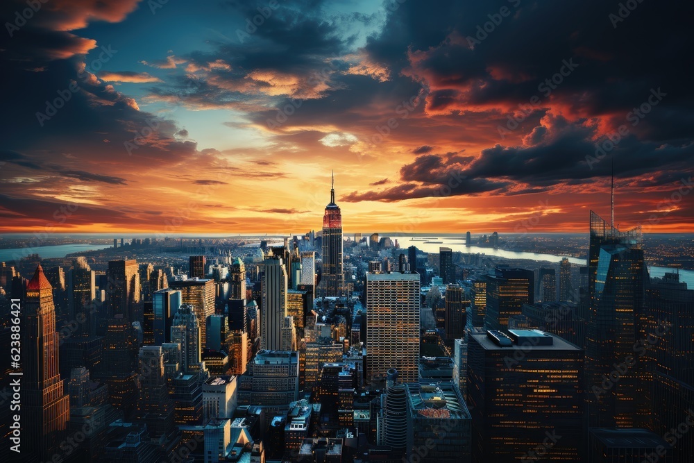 Breathtaking shot of a bustling New York cityscape at sunset.