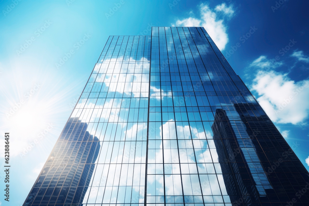 Fototapeta premium Clouds in the reflection of the building. Generative AI