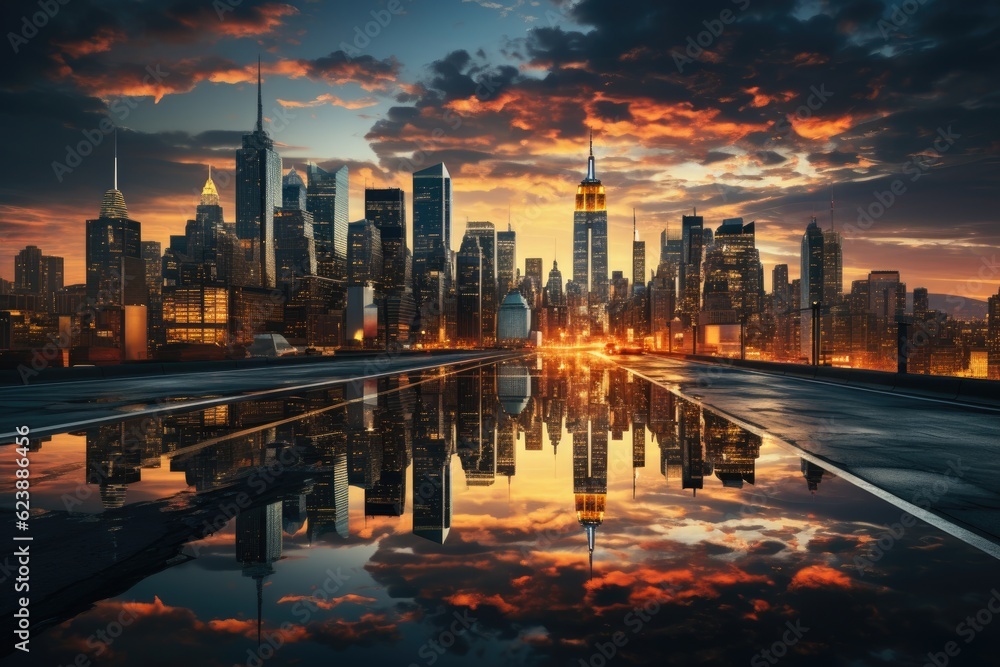 Breathtaking shot of a bustling New York cityscape at sunset. Breathtaking shot of a bustling New York cityscape at sunset.