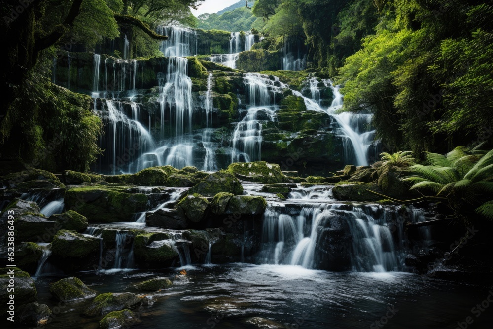 Fototapeta premium Breathtaking shot of a cascading waterfall, detailed texture of water and rocks.