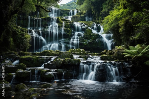 Breathtaking shot of a cascading waterfall  detailed texture of water and rocks.