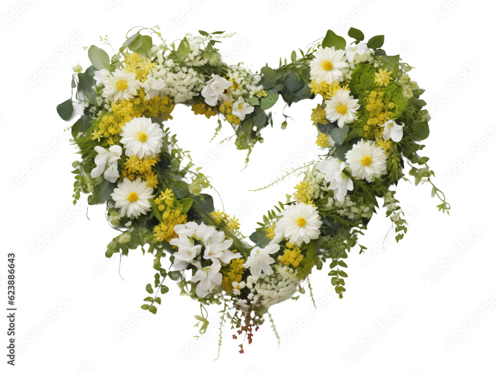 Romantic wedding wreath in the shape of a heart with tropical flowers and plants on a white background. Wedding decor features lush greenery and vibrant flowers symbolizing love and natural beauty. Romantic wedding wreath in the shape of a heart with tropical flowers and plants on a white background. Wedding decor features lush greenery and vibrant flowers symbolizing love and natural beauty.