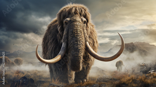 majestic, giant mammoth walking across a foggy land, whole silhouette illustration