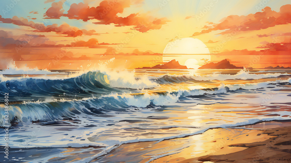sunset over the ocean with sandy beach, white waves and orange-colored clouds