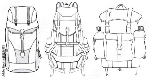 Set of rucksack Backpack bag flat sketch fashion illustration drawing template mock up, Hiking Backpack cad drawing.