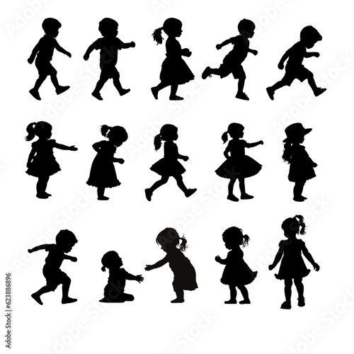 set of children silhouettes, baby silhouette, boy, girl	